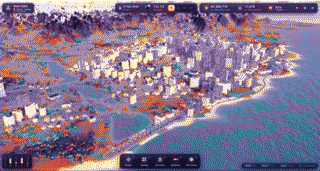 The generated city, dithered into the site's 32 colours: towers packed along a headland, a bay cutting inland, mountains behind, the game's own HUD across the top.